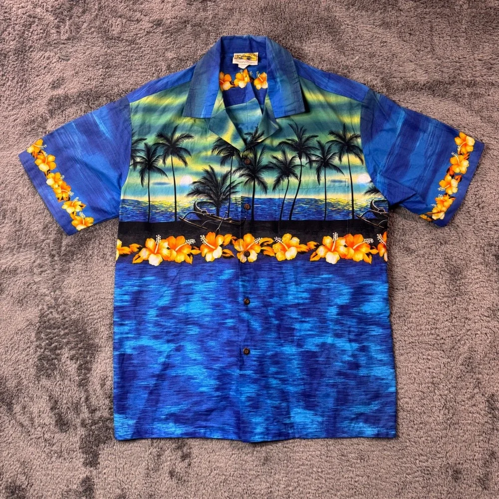 Winnie Fashion Mens L Hawaiian Shirt Blue Palm Tree Hibiscus Sunset Made Hawaii